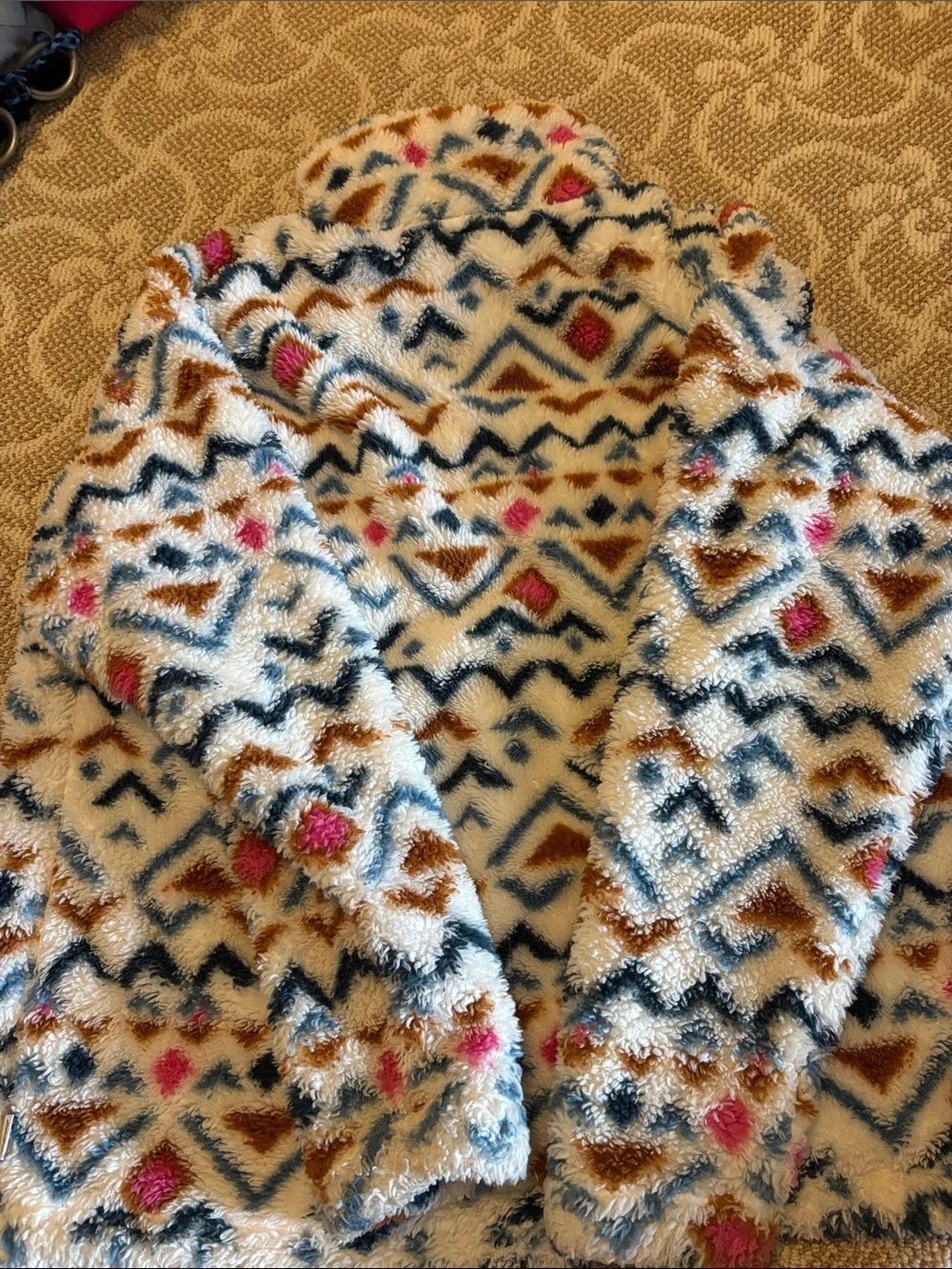 Eddie Bauer Cream Sherpa Pullover with Blue, Brown and Pink Pattern